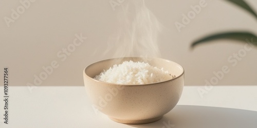 A steaming bowl of fluffy white rice on a minimalist table.