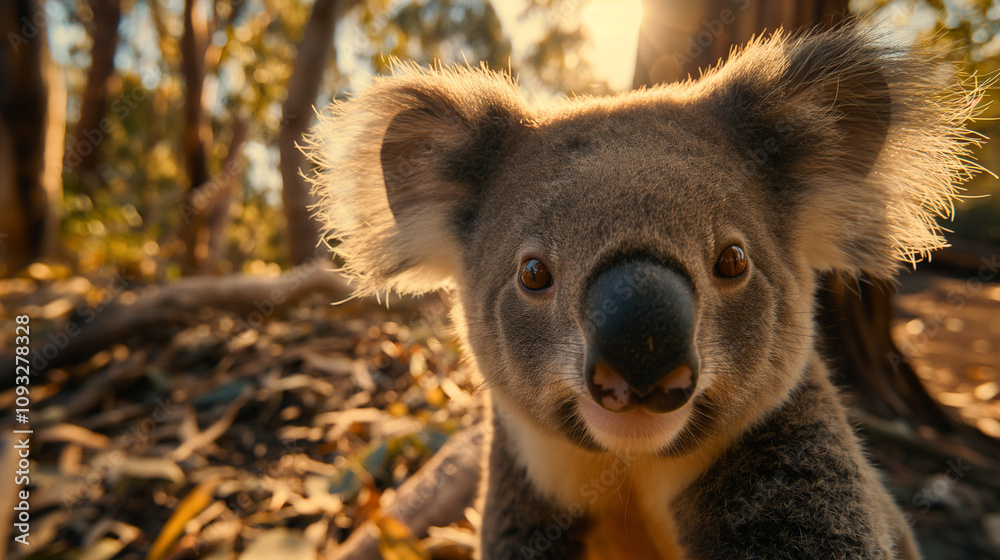 Obraz premium Australia Day celebration featuring a charming koala close-up in a sunlit forest setting