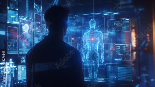 A hybrid professional using wearable tech to interact with 3D holographic team avatars, supported by 2D task priorities. 4k resolution, Cinematic Scene photo