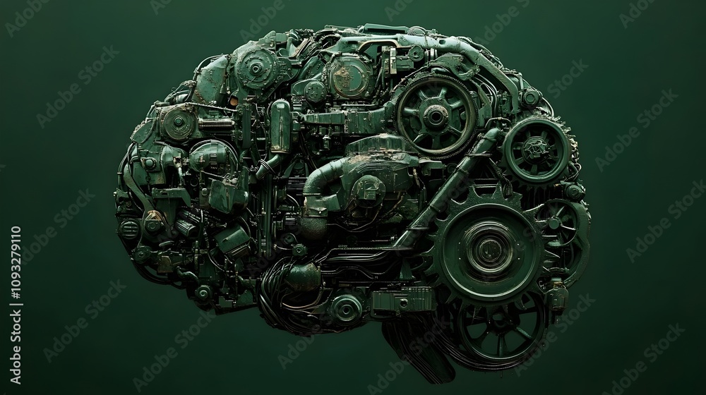 A Mechanical brain constructed entirely from farm tractor components, body parts, wheels, and engine parts, set against a neutral deep dark green backdrop. Hyper-realistic in design. A Mechanical brain constructed entirely from farm tractor components, body parts, wheels, and engine parts, set against a neutral deep dark green backdrop. Hyper-realistic in design.