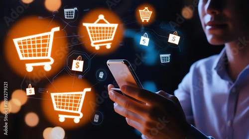 Futuristic E-Commerce Concept with Holographic Shopping Cart