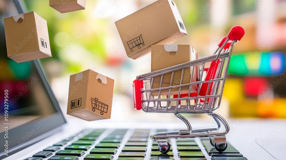 Online shopping cart with boxes falling into it on laptop. Online shopping cart with boxes falling into it on laptop.
