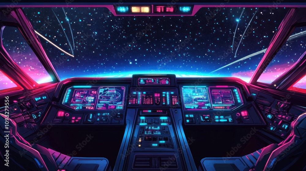Futuristic spaceship cockpit with vibrant neon lights and starry night view. Futuristic spaceship cockpit with vibrant neon lights and starry night view.
