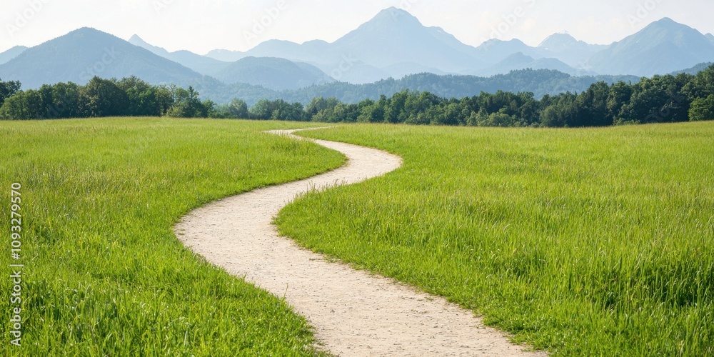A winding path through a lush green field with majestic mountains in the background. A winding path through a lush green field with majestic mountains in the background.