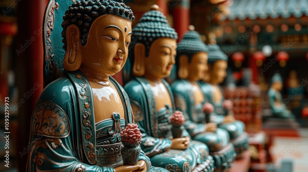 Fototapeta premium Serene Teal Buddha Statues In A Temple Setting