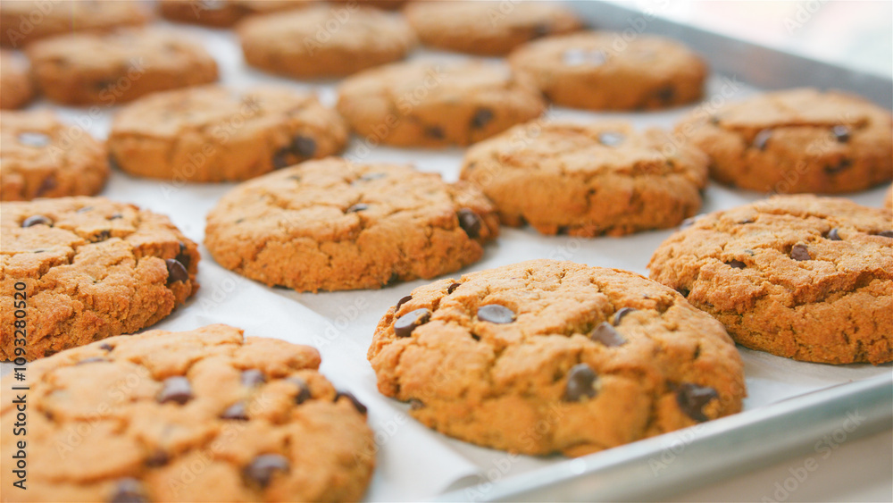 Close Up Of Display Of Freshly Baked Choc Chip Cookies In Coffee Shop Close Up Of Display Of Freshly Baked Choc Chip Cookies In Coffee Shop