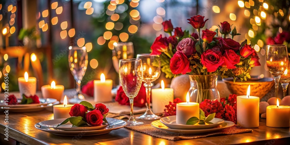 Romantic Long Exposure Valentine's Table Setting with Candles, Flowers, and Elegant Decor for a Cozy Evening Dinner Experience Romantic Long Exposure Valentine's Table Setting with Candles, Flowers, and Elegant Decor for a Cozy Evening Dinner Experience