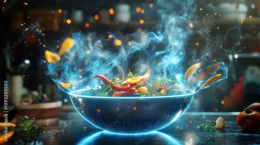 Futuristic bowl of steaming vegetables with vibrant colors and magical effects. Futuristic bowl of steaming vegetables with vibrant colors and magical effects.