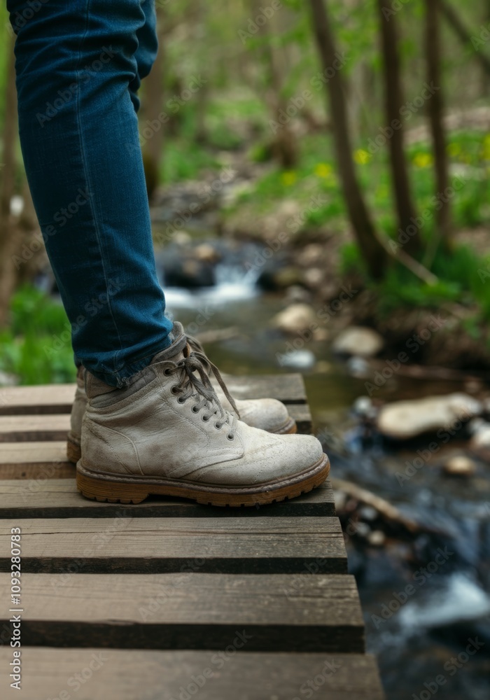 Person wearing hiking boots standing on wooden bridge over stream in forest Person wearing hiking boots standing on wooden bridge over stream in forest