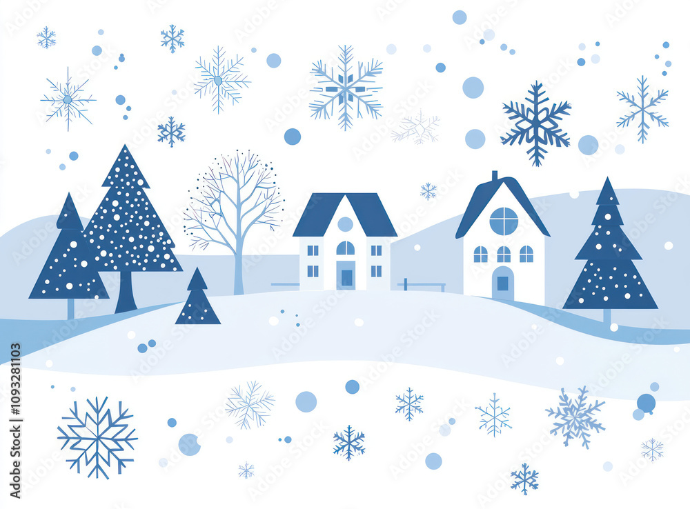 The illustration is done in a minimalist style and depicts a winter rural landscape. It features simple figures of houses and trees, decorated with falling snowflakes. The illustration is done in a minimalist style and depicts a winter rural landscape. It features simple figures of houses and trees, decorated with falling snowflakes.
