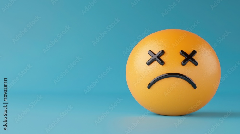 Fototapeta premium A yellow sad face emoji with a blue background, featuring crossed-out eyes and a frown, conveying a sense of disappointment or sorrow.
