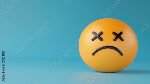 A yellow sad face emoji with a blue background, featuring crossed-out eyes and a frown, conveying a sense of disappointment or sorrow.