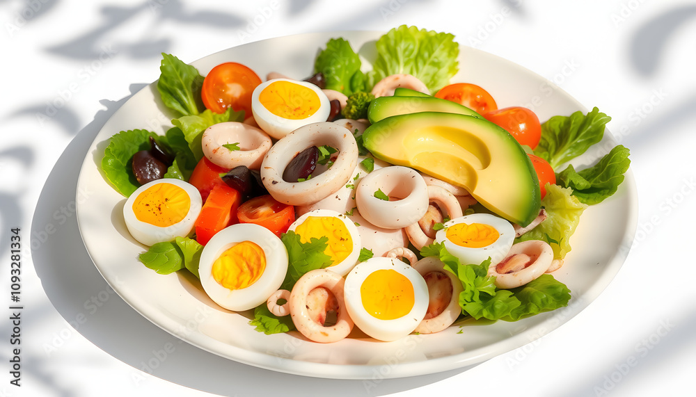 Healthy salad with squid and avocado on white plate with harsh shadows. Calamari salad with vegetables and eggs on white background with shadows of leaves. Summer food menu isolated with white highl Healthy salad with squid and avocado on white plate with harsh shadows. Calamari salad with vegetables and eggs on white background with shadows of leaves. Summer food menu isolated with white highl