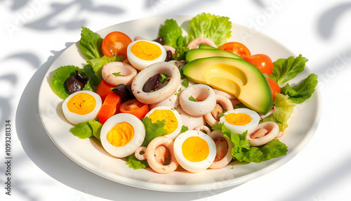 Healthy salad with squid and avocado on white plate with harsh shadows. Calamari salad with vegetables and eggs on white background with shadows of leaves. Summer food menu isolated with white highl