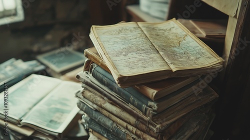 Stack of Antique Books with Open Map