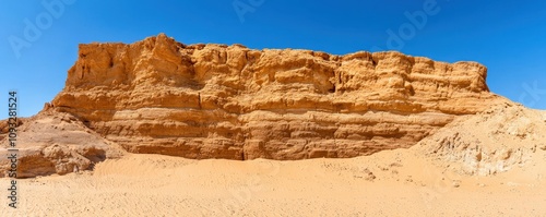 A panoramic view of a rugged desert landscape featuring layered sandstone cliffs under a clear blue sky.