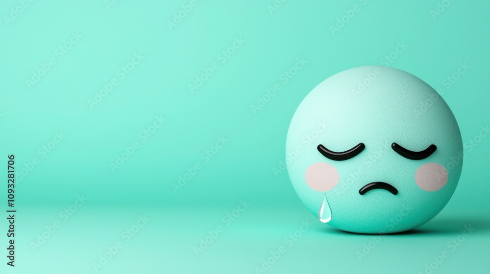 A sad, pastel-colored ball with a downturned expression and a single tear, set against a soothing turquoise background.