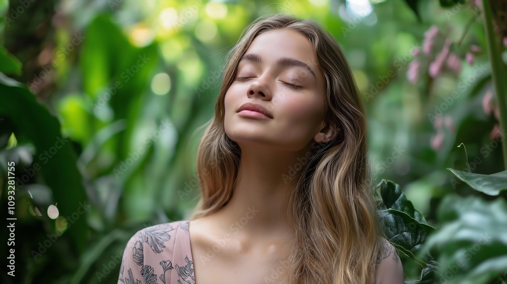 Serene Woman in Lush Greenery, Peaceful Nature Escape Serene Woman in Lush Greenery, Peaceful Nature Escape