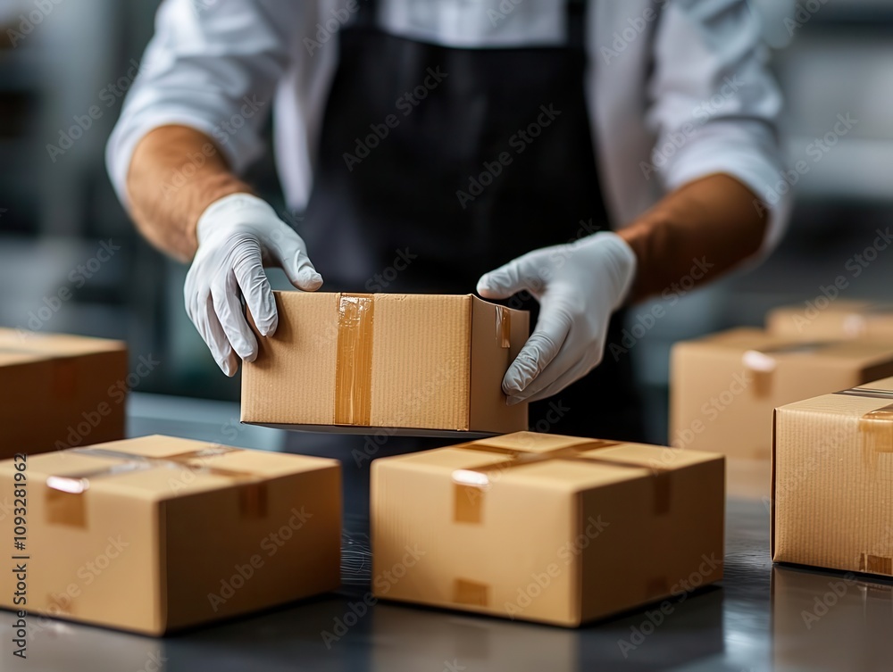 Factory worker checking labels on frozen food boxes before packing them into cartons Factory worker checking labels on frozen food boxes before packing them into cartons