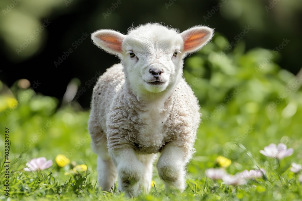 A young lamb standing in a green meadow, surrounded by wildflowers, radiating innocence and calmness in a serene spring landscape under soft sunlight A young lamb standing in a green meadow, surrounded by wildflowers, radiating innocence and calmness in a serene spring landscape under soft sunlight