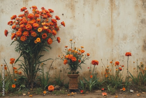 Vibrant orange flower arrangements against a textured wall