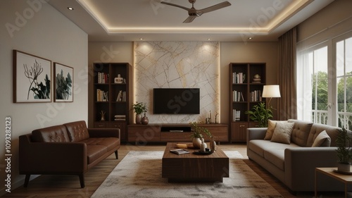 Modern living room interior design with leather sofa, wooden furniture, and marble wall.