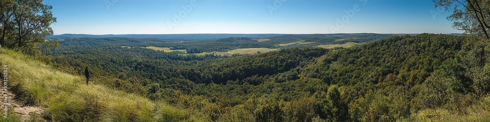Panoramic view of lush green forest under blue sky Panoramic view of lush green forest under blue sky