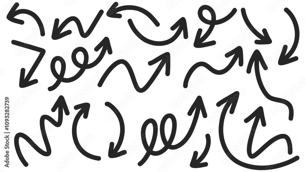 Set arrows pointing in different directions handwritten calligraphy isolated on white background , Flat Modern design, illustration Vector EPS 10 Set arrows pointing in different directions handwritten calligraphy isolated on white background , Flat Modern design, illustration Vector EPS 10