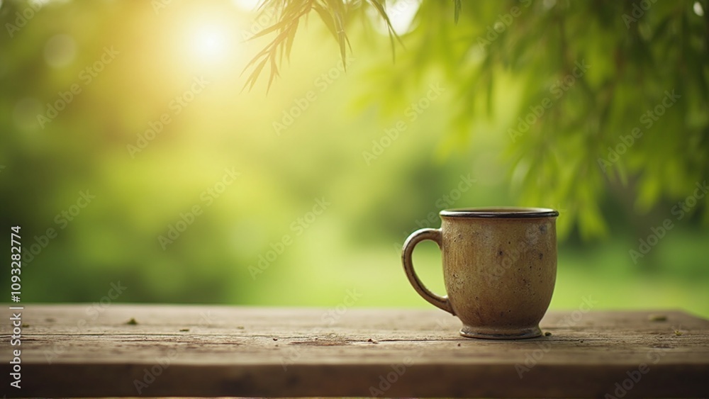 Rustic coffee mug placed on a wooden table against