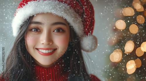 Beautiful asian woman, cosmetology, beauty, festive makeup, Merry Christmas and Happy New Year, banner with copy space