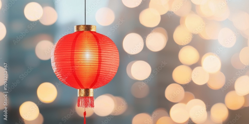 Obraz premium Colorful red lantern glowing against a serene bokeh background for festive ambiance.