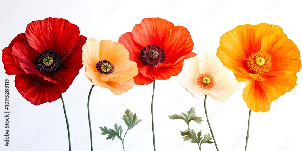 Obraz premium A beautiful collection of colorful poppy flowers stands in a row. Each flower showcases vibrant hues of red, orange, and cream. Perfect for floral designs and nature photography. AI