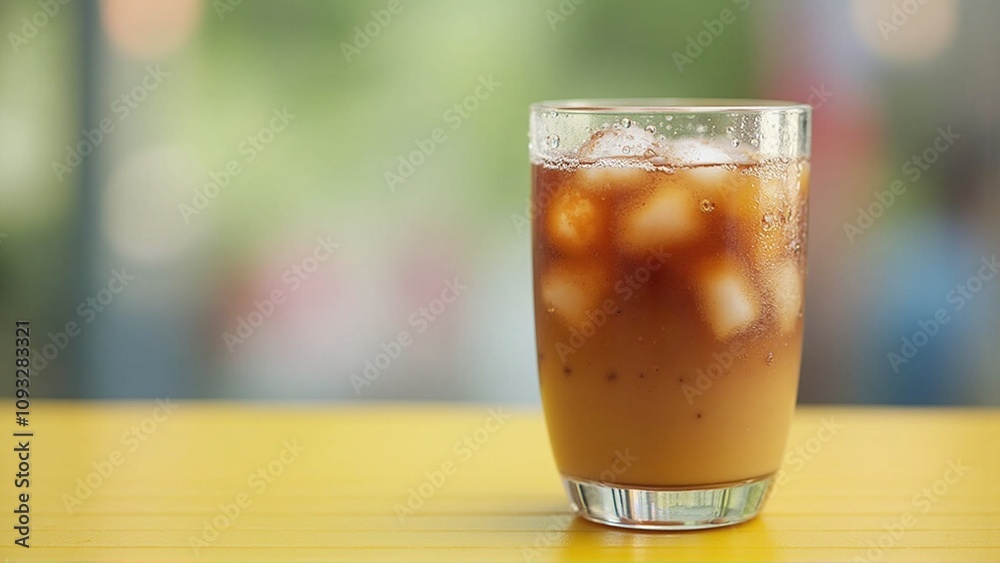 A refreshing iced coffee drink in a clear glass with drops of condensate A refreshing iced coffee drink in a clear glass with drops of condensate