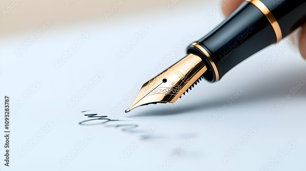 Signing a signature with a fountain pen, close-up of a fountain pen writing on paper Signing a signature with a fountain pen, close-up of a fountain pen writing on paper