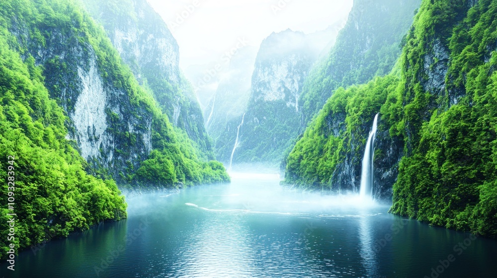 Serene Fjord Landscape with Misty Waterfall and Towering Cliffs Surrounded by Lush Greenery in a Tranquil Setting Serene Fjord Landscape with Misty Waterfall and Towering Cliffs Surrounded by Lush Greenery in a Tranquil Setting