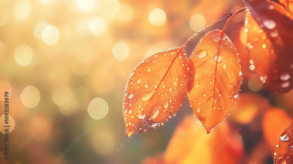 Detailed close-up of autumn leaves in vibrant orange and red tones with dewdrops, set against a blurred forest background, with soft sunlight filtering through Detailed close-up of autumn leaves in vibrant orange and red tones with dewdrops, set against a blurred forest background, with soft sunlight filtering through