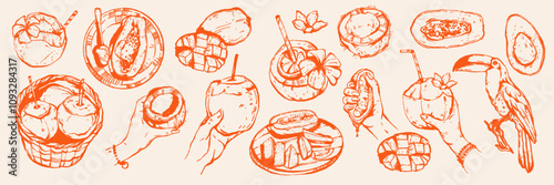 Tropical coconut cocktail set, vector exotic fruit plate summer vacation hand drawn ink illustration. Fresh papaya, mango, avocado print, aloha Hawaii bar menu design object. Tropical coconut clipart