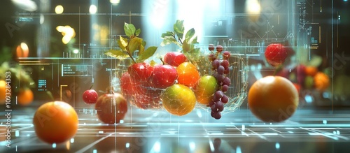 Futuristic digital display showcasing vibrant assortment of fresh fruits like apples, oranges, and grapes.