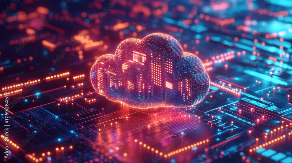 Glowing cloud computing symbol on circuit board. Glowing cloud computing symbol on circuit board.