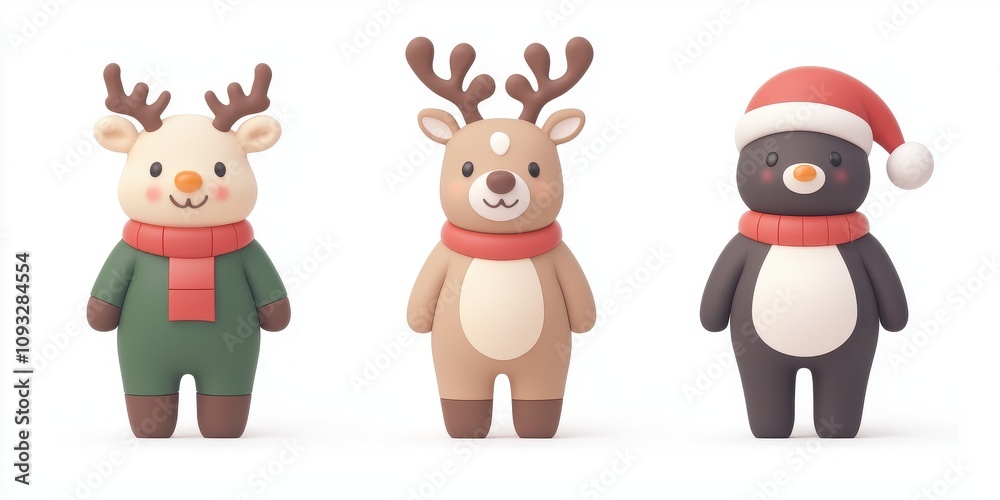 Cute cartoon characters featuring festive reindeer and a penguin in holiday attire. Cute cartoon characters featuring festive reindeer and a penguin in holiday attire.