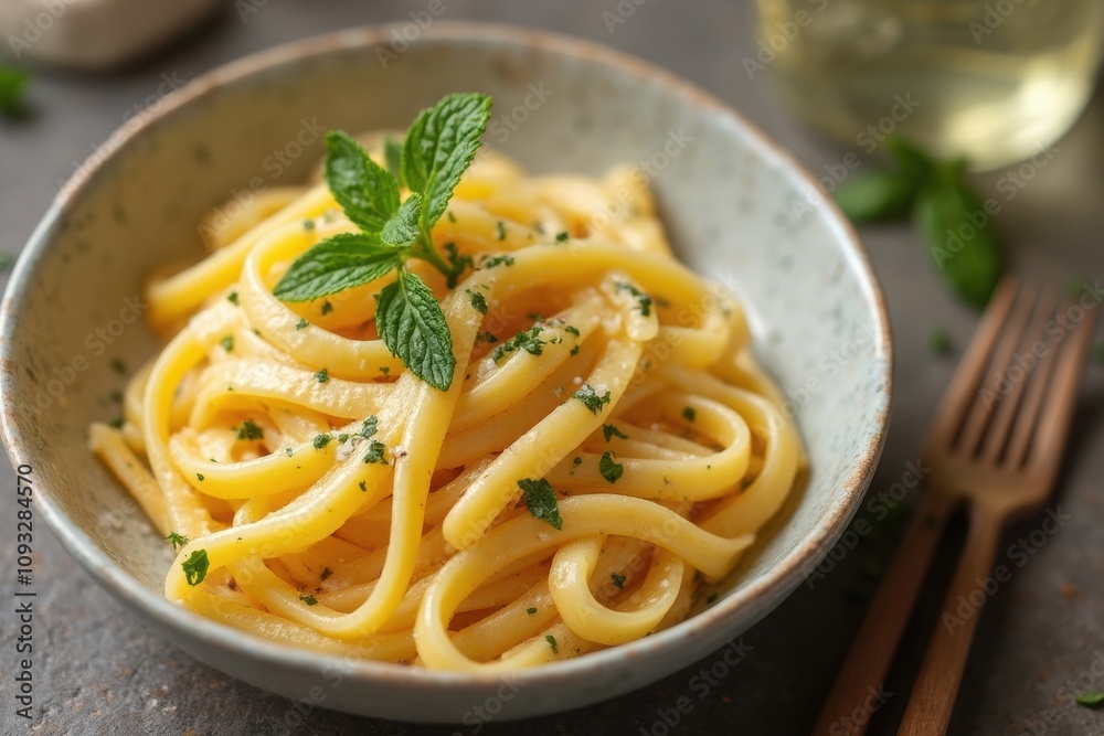 Delicious pasta dish garnished with fresh herbs in a bowl Delicious pasta dish garnished with fresh herbs in a bowl