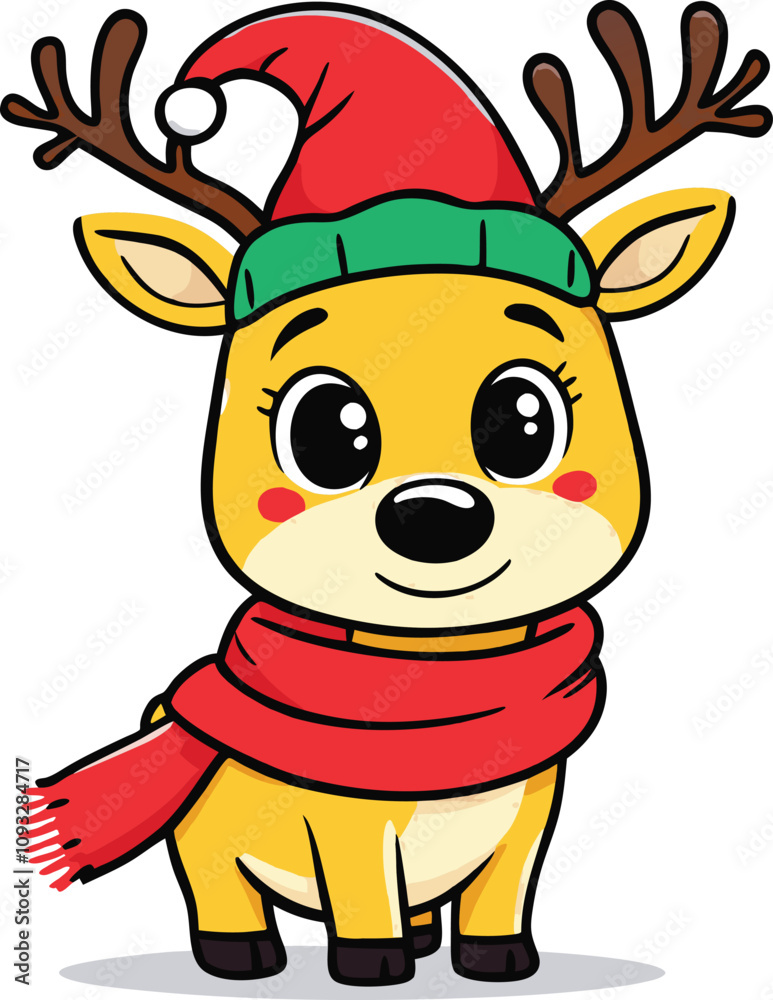 Fototapeta premium Deer Vector design with Outline of A cute Jingle the Reindeer wearing a Santa clause hat and scarf on white background