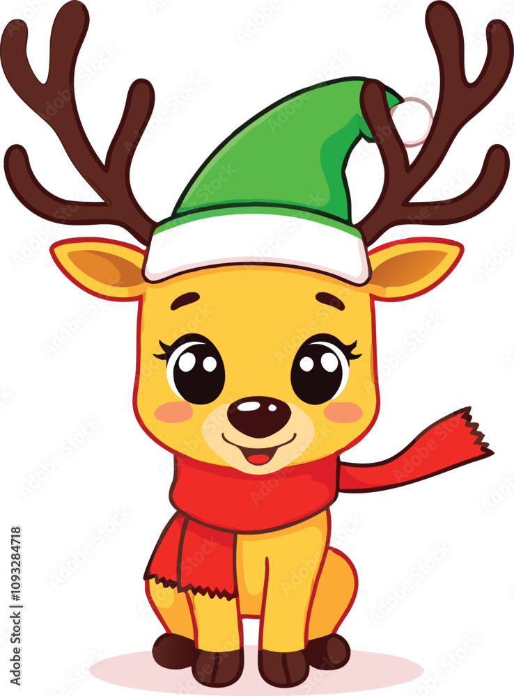 Naklejka premium Deer Vector design with Outline of A cute Jingle the Reindeer wearing a Santa clause hat and scarf on white background