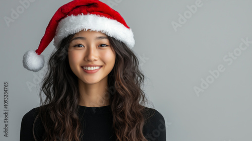 Beautiful asian woman, cosmetology, beauty, festive makeup, Merry Christmas and Happy New Year, banner with copy space