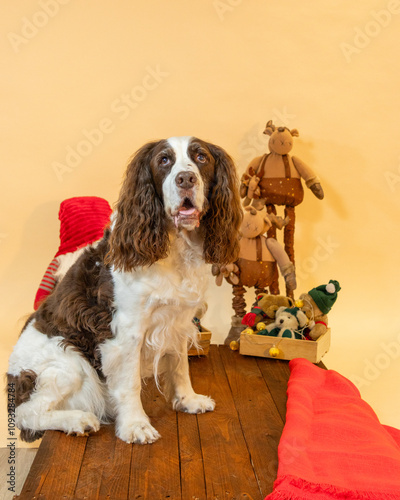 Springer spaniel posing on christmas themed set with presents