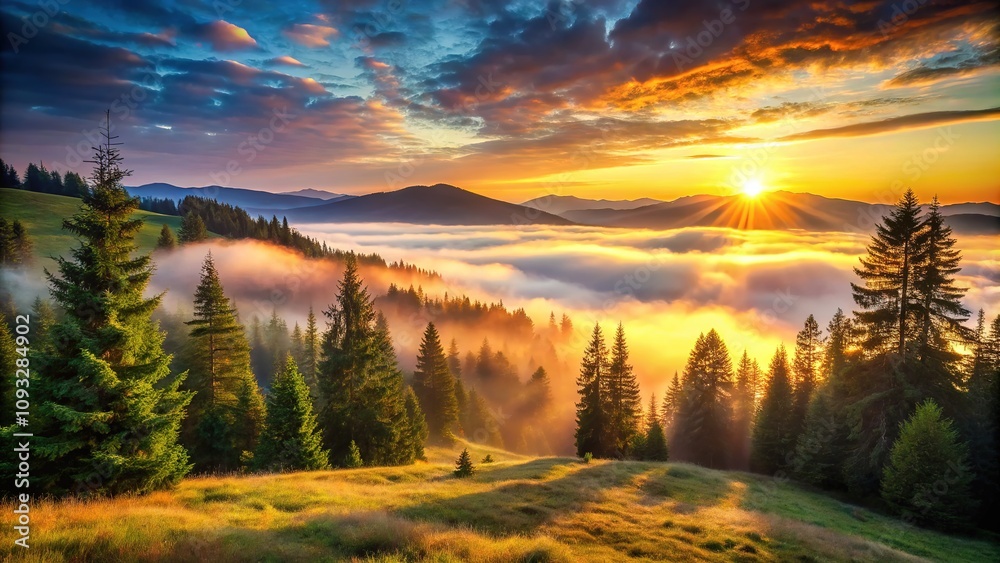 Obraz premium Misty Sunrise Valley, Evergreen Majesty