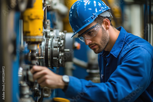 A skilled operator guiding robotic arm, professional blue attire, industrial environment.