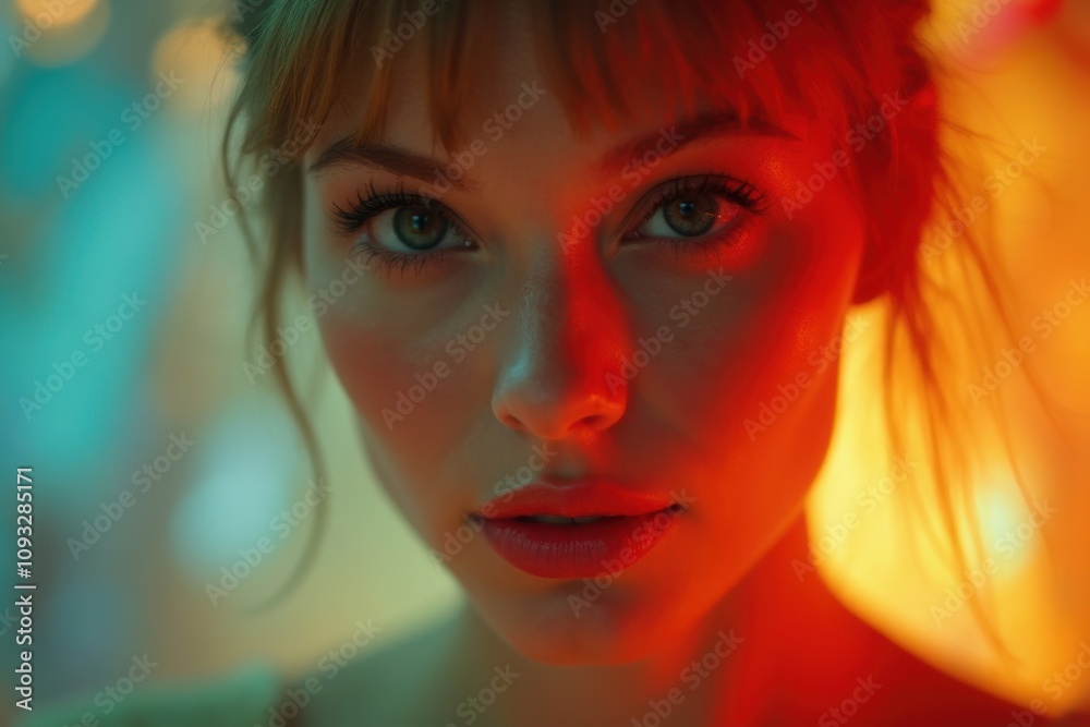 Close-up portrait of a woman with striking features and colors