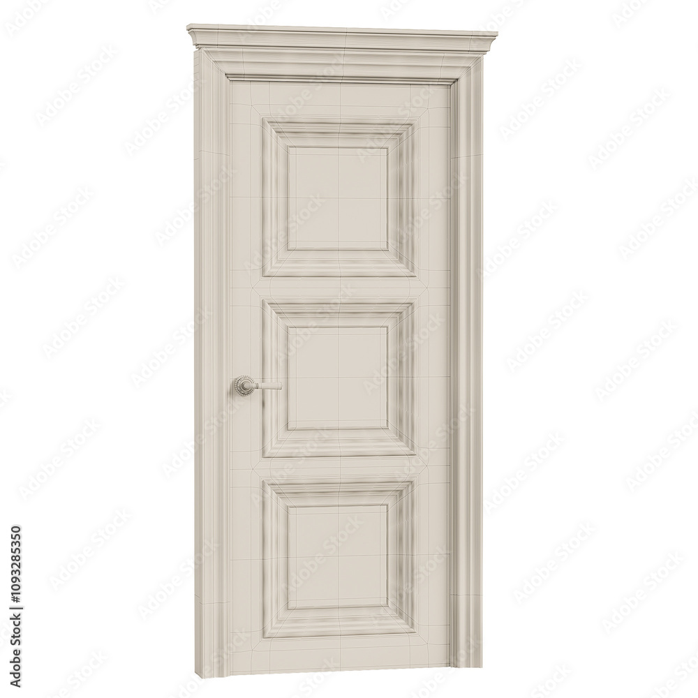A white door with three panels and a silver handle A white door with three panels and a silver handle