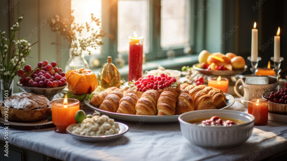 Obraz premium A cozy breakfast or a festive lunch served on a wooden table by the window. 